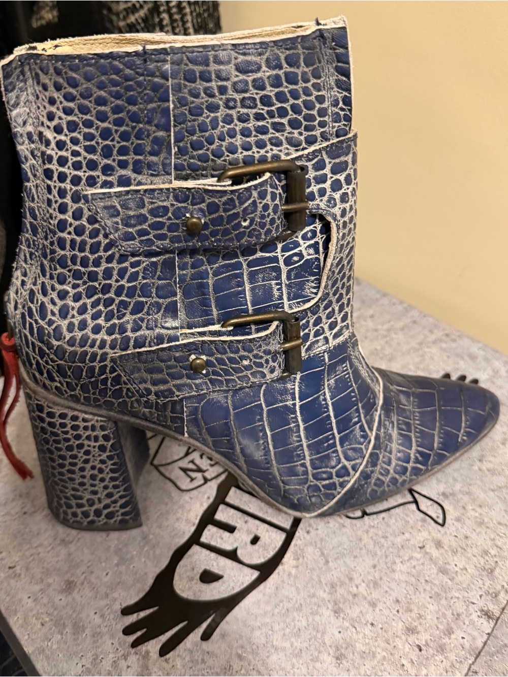 Freebird by Steven Blue Croc-Embossed Pointed Toe Buckle Ankle Boots